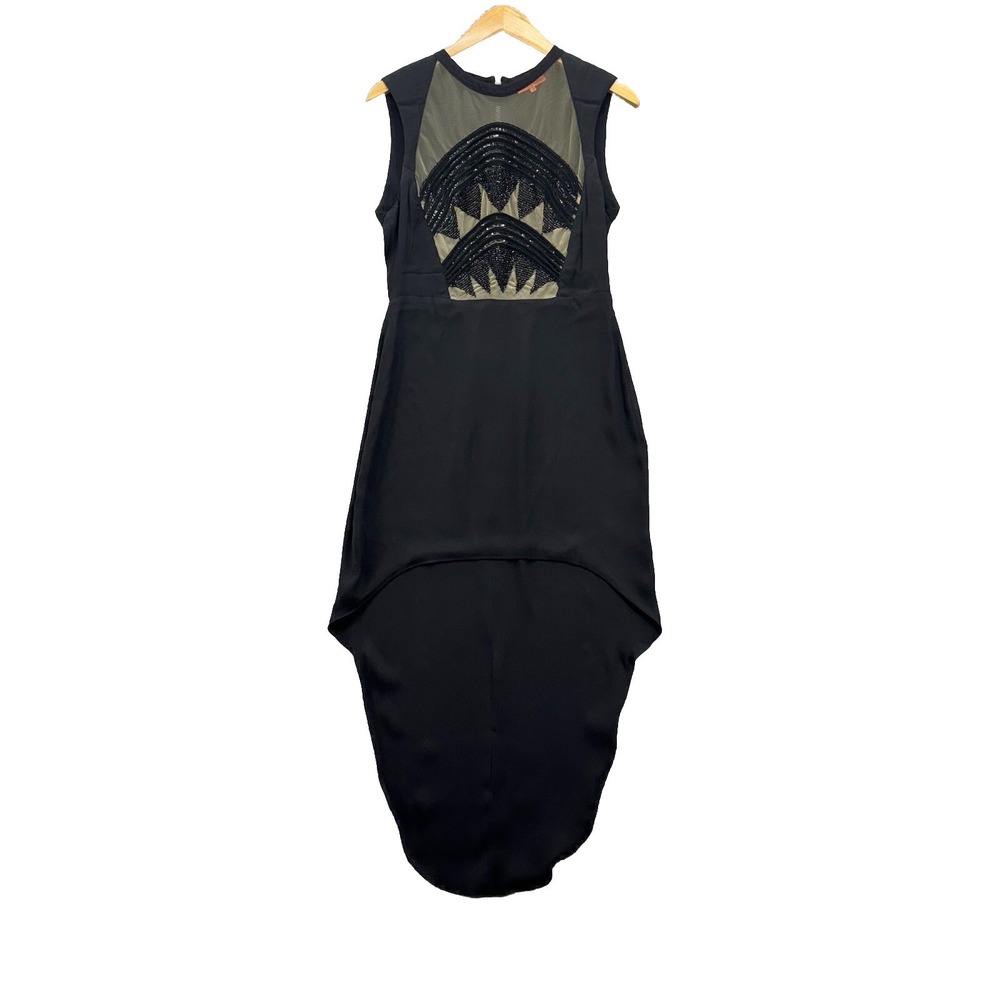 Manning Cartell Hi Lo Evening Dress US 6 Black Sleeveless Beaded Sheer Illusion - Picture 2 of 14